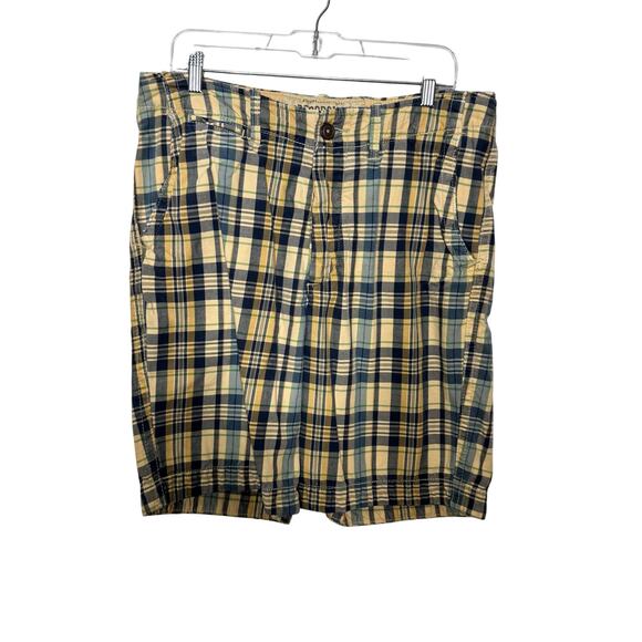 Abercrombie & Fitch Men’s Plaid Shorts Size 32 Yellow Blue Button Fly Y2K Skater - Picture 1 of 14